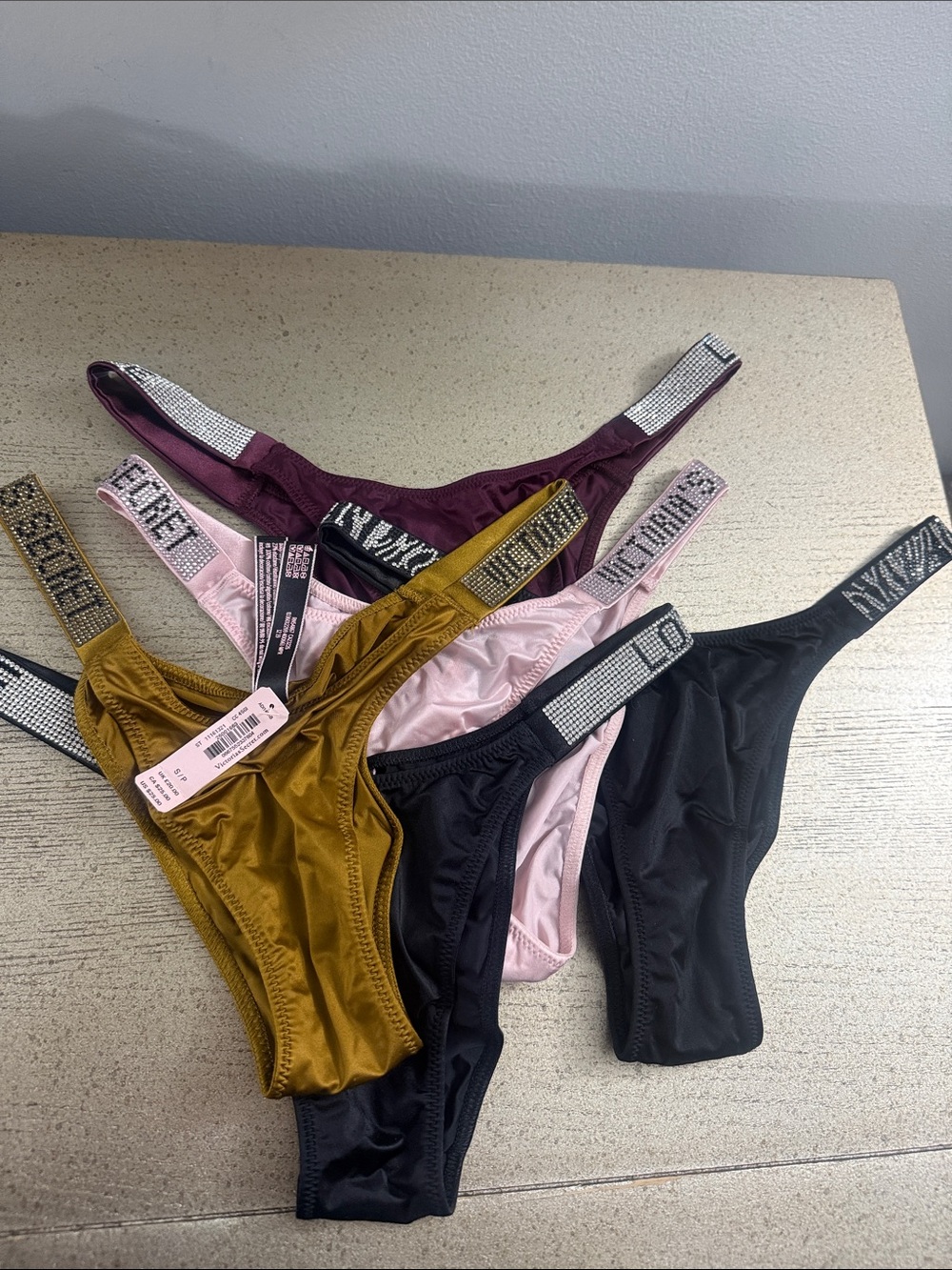 Rhinestone Strap Thong Bikini Bottoms - Black, Pink, Mustard, Plum